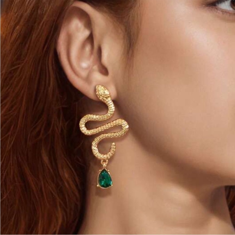 Gold Snake with Emerald Crystal Earrings NEW